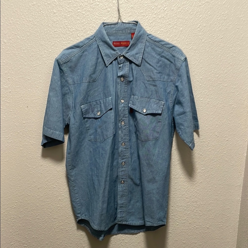 Real Ranch Wear Pearl Snap Men's  Denim Shirt Short Sleeve Size Small